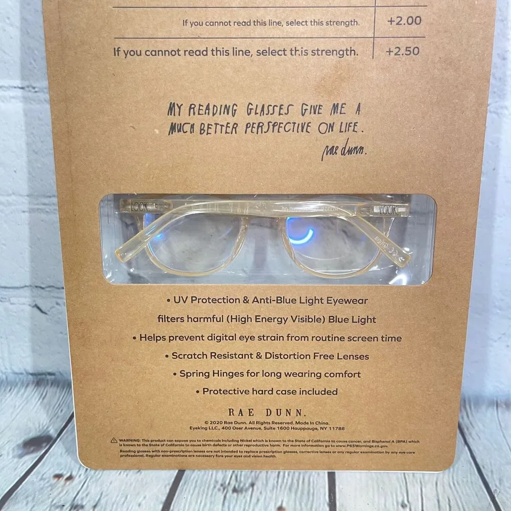 Rae Dunn Premium Blue Light Blocking 0.00 2 Glasses + Case Brown Ivory